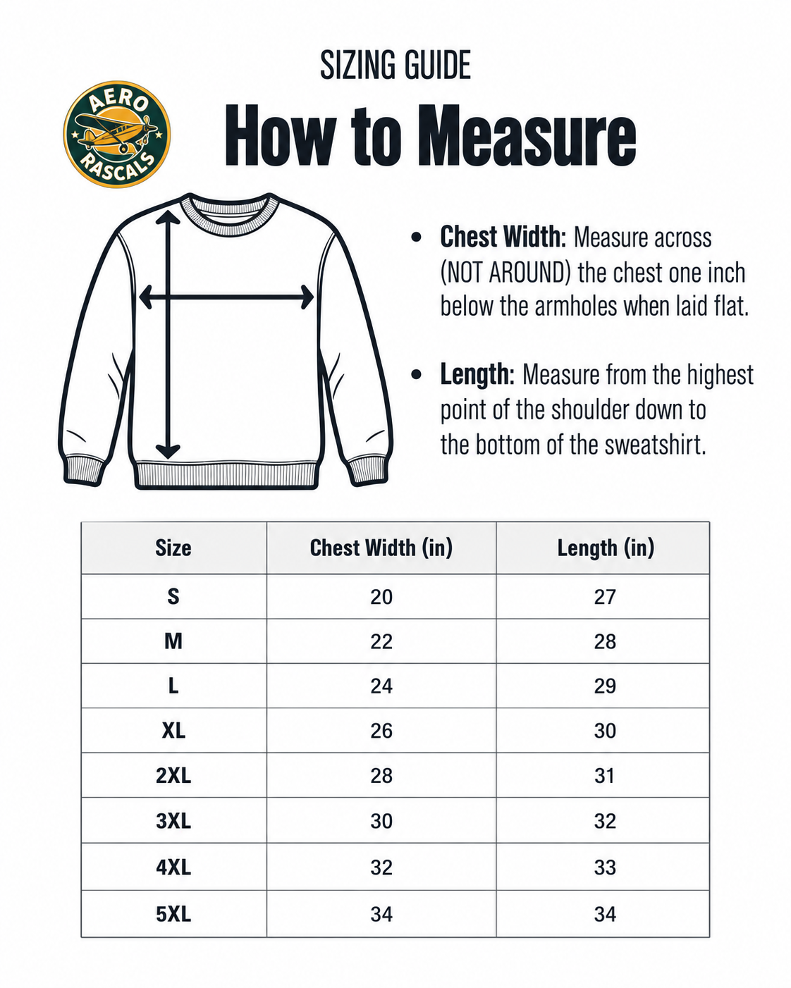 Corrected Gildan 18000 sweatshirt size guide: S to 5XL width 20 to 34 inches and length 27 to 34 inches